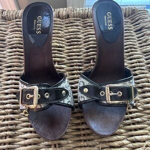 GUESS Women's Brown Wooden Heels with Buckle Design size 7.5